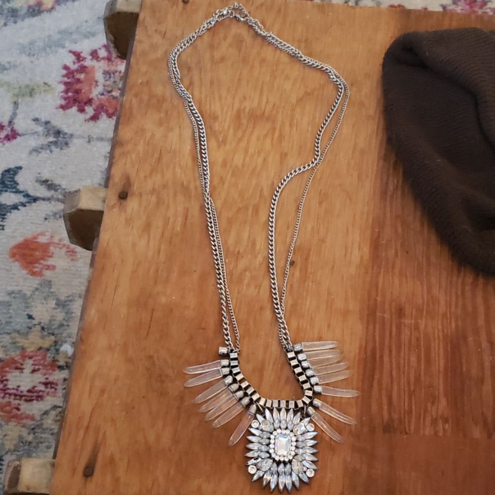 Long silver statement necklace.